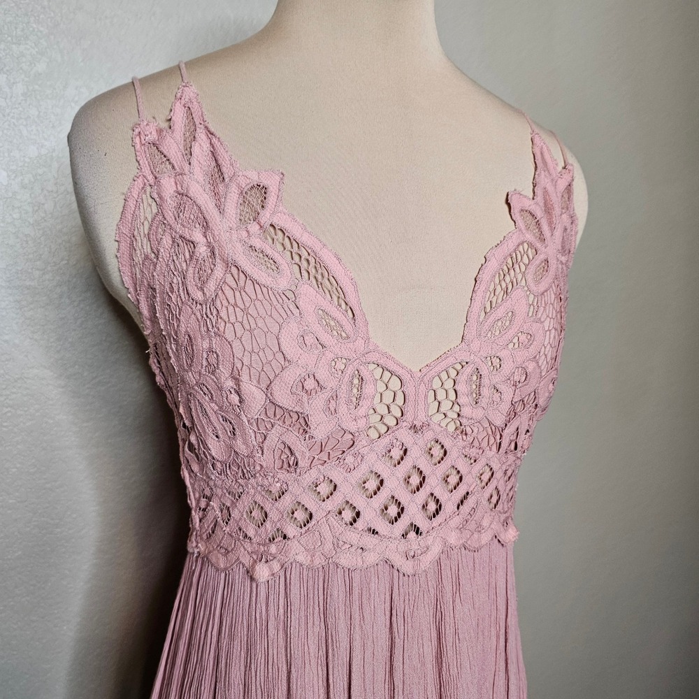 Free People FP One Adella Maxi Slip Dress Rose Pink Lace Crochet Boho Small - Picture 4 of 10